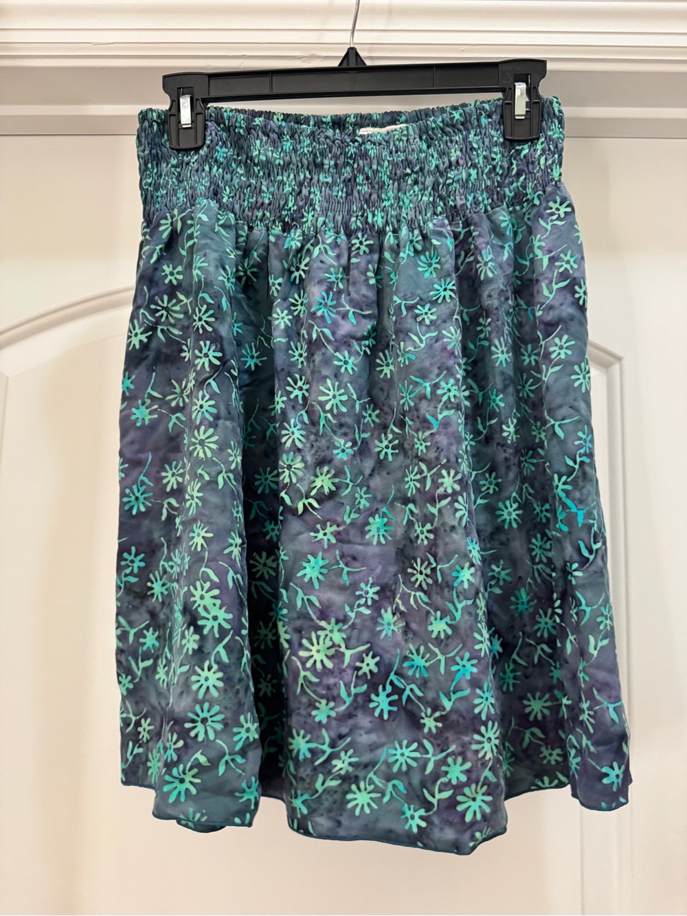 Smocked Waist Floral Skater Skirt in Teal and Navy